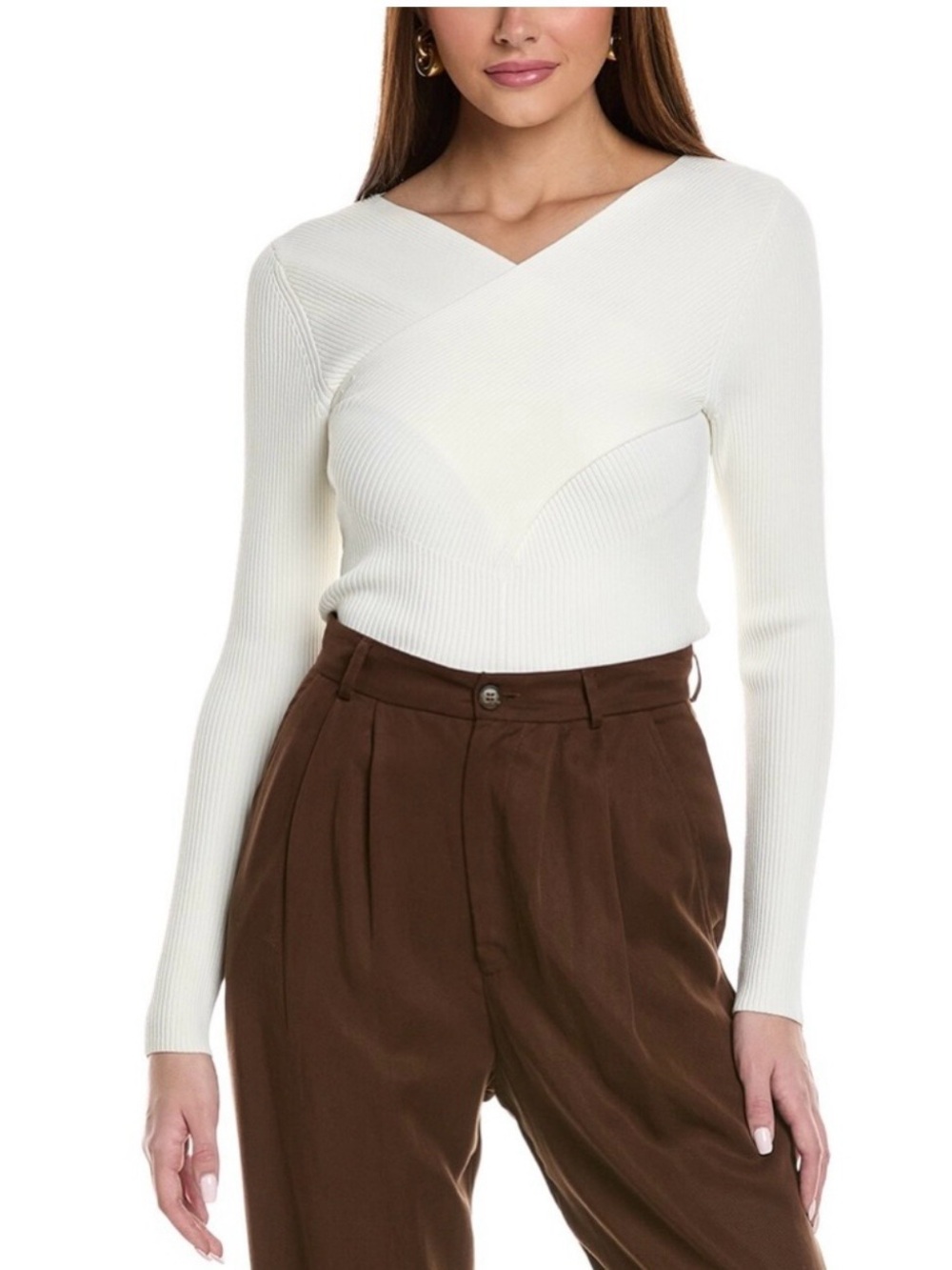 Reiss Cream Ribbed Wrap-Front Long Sleeve Top - Picture 2 of 8